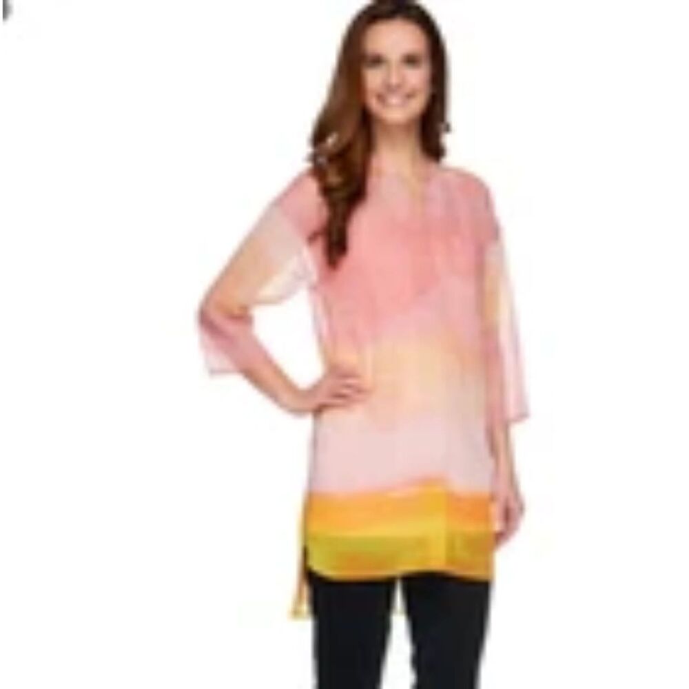 H By Halston Mod Pink Chic V-Neck Horizon Ombre Print Tunic Beach Cover Up SZ L